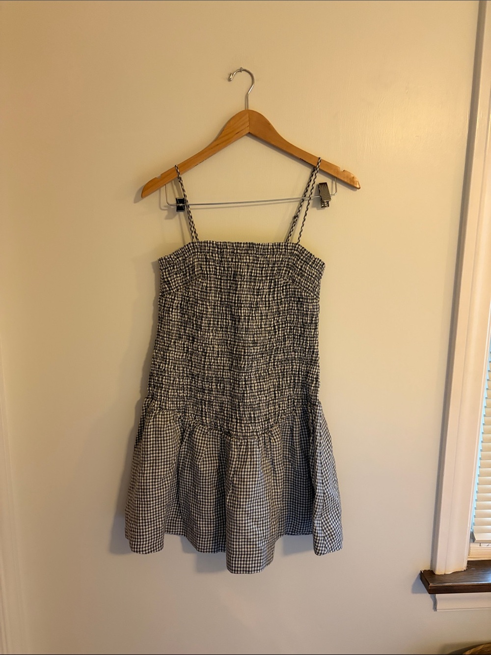 NWT Aritzia Wilfred Corinne Linen Gingham Smocked Drop Waist Mini Dress